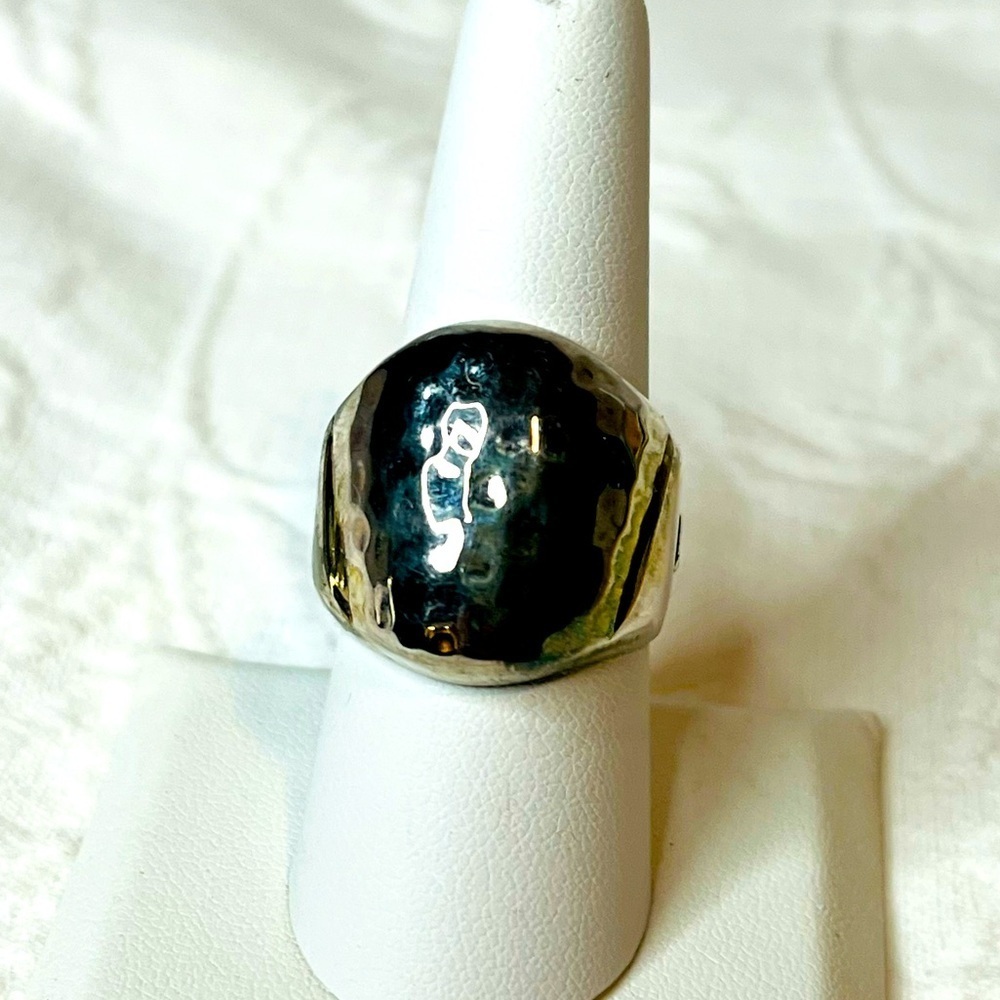 Vintage ELLE Sterling Silver Hammered Cigar Band Ring with Ruby Accent Size 9